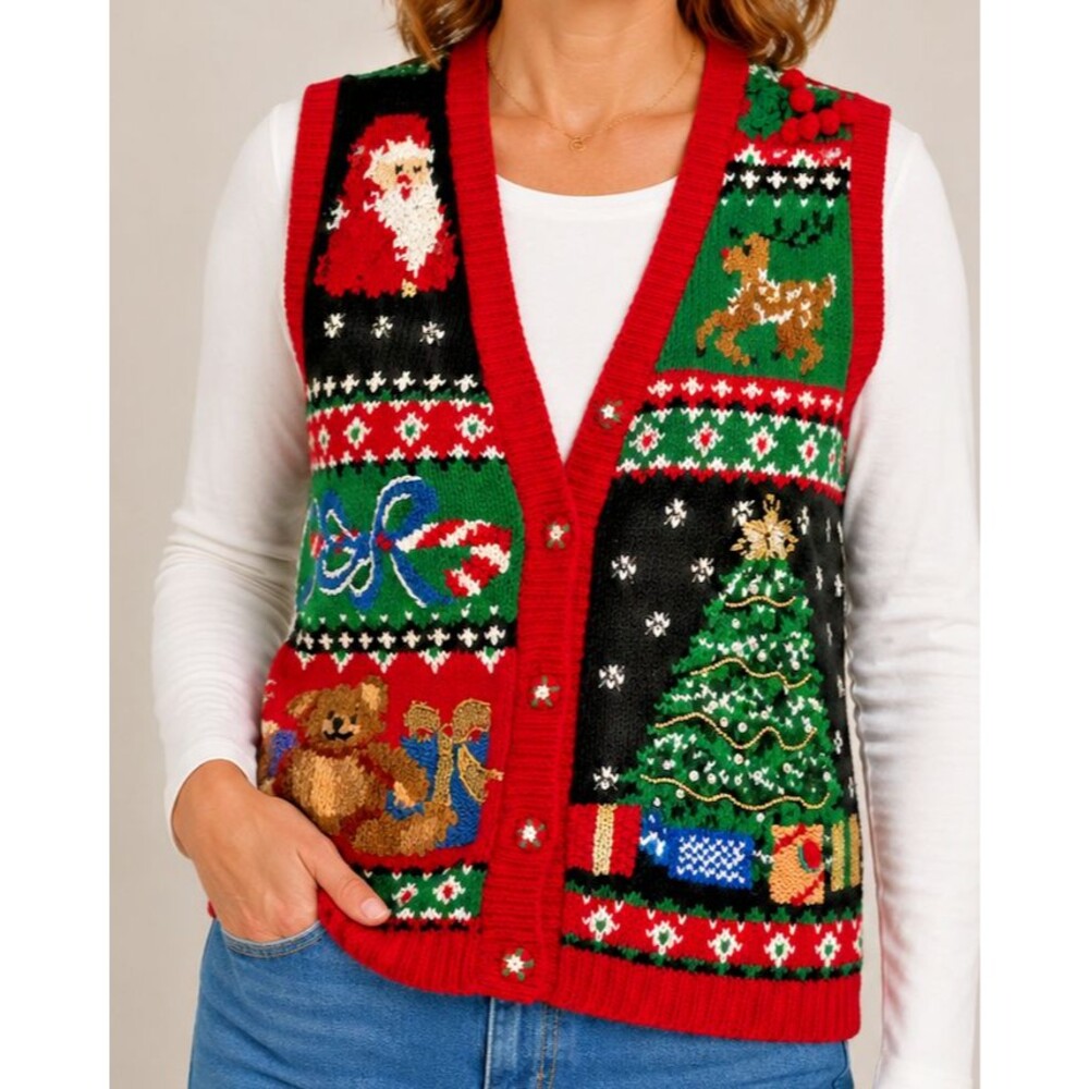 Kim Rogers Ugly Christmas Sweater Vest Red Button Front Women Petite S